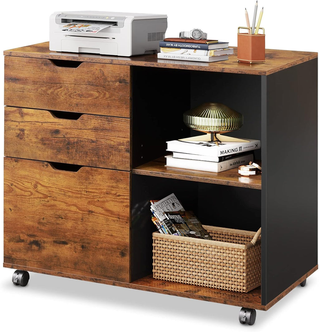 White 3-Drawer Mobile Wood File Cabinet with Open Storage Shelves G760