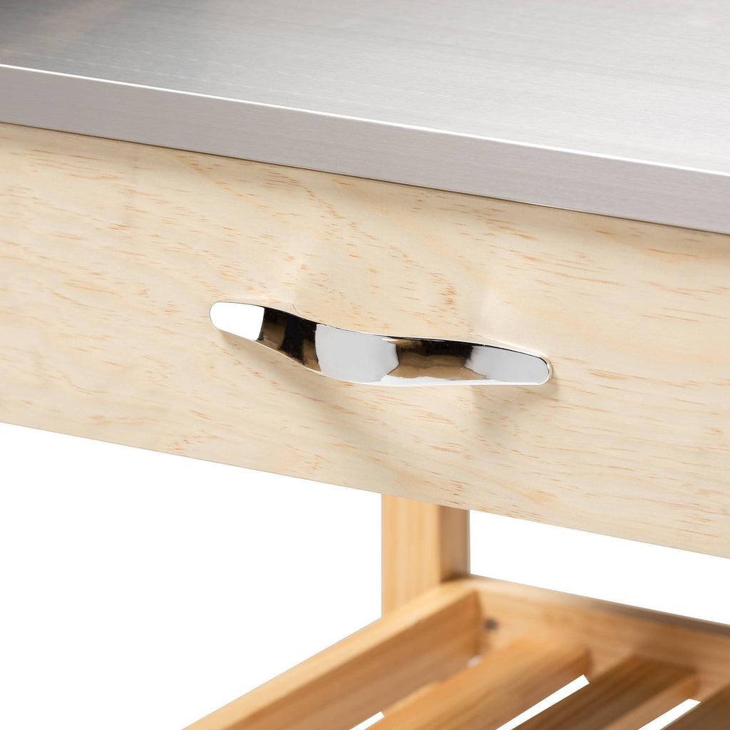 Pine Wood and Stainless Steel 2-Drawer Kitchen Island Utility Storage Cart Q111