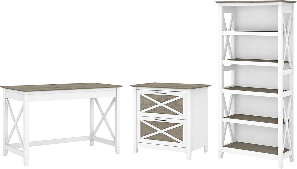 Dark Gray Hickory Writing Desk with 2 Drawer Lateral File Cabinet and 5 Shelf Bookcase O4078