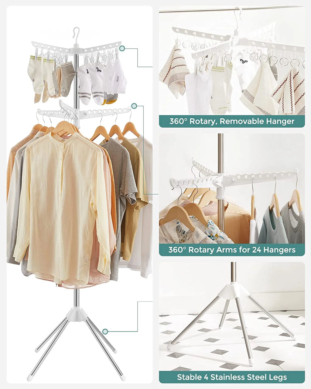 2-Tier Foldable Laundry Drying Rack with 27 Clips Stainless Steel White and Silver N454146