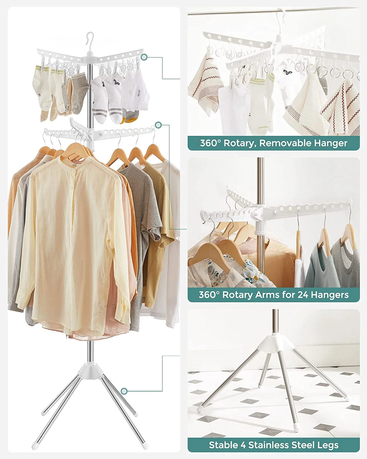 2-Tier Foldable Laundry Drying Rack with 27 Clips Stainless Steel White and Silver N454146