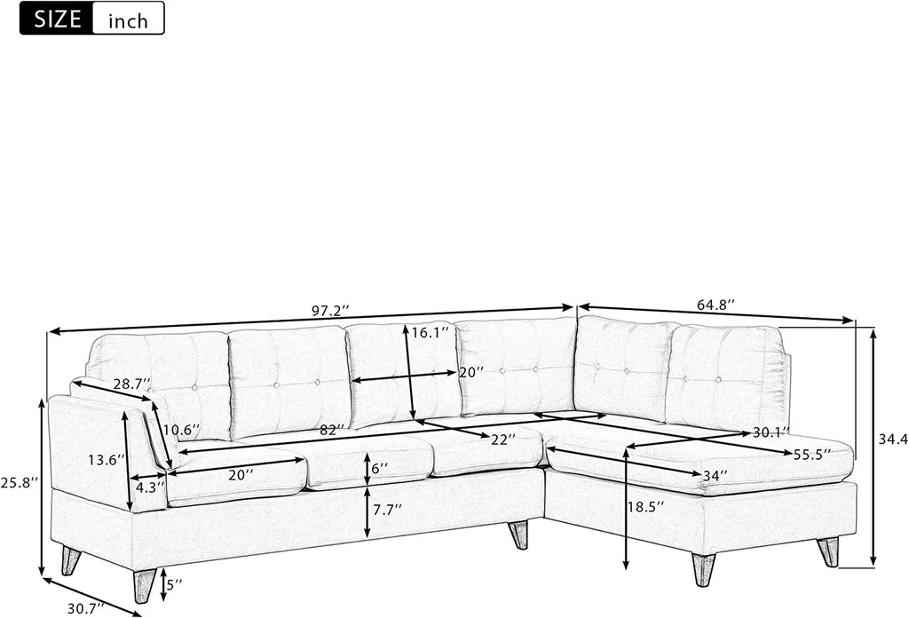 Gray Linen L-Shape Sectional Sofa with Chaise Lounge Q355