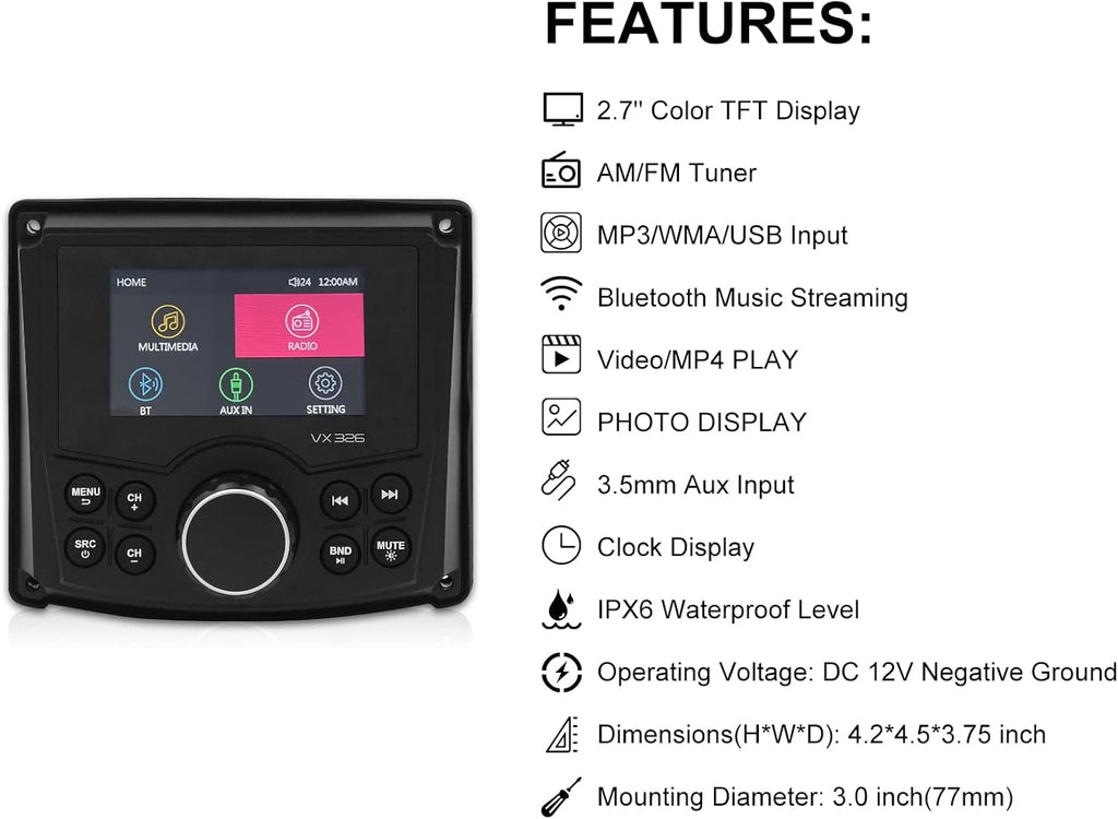 Marine Stereo Bluetooth Waterproof Digital Media Receiver with AM/FM, USB, MP3 Z396