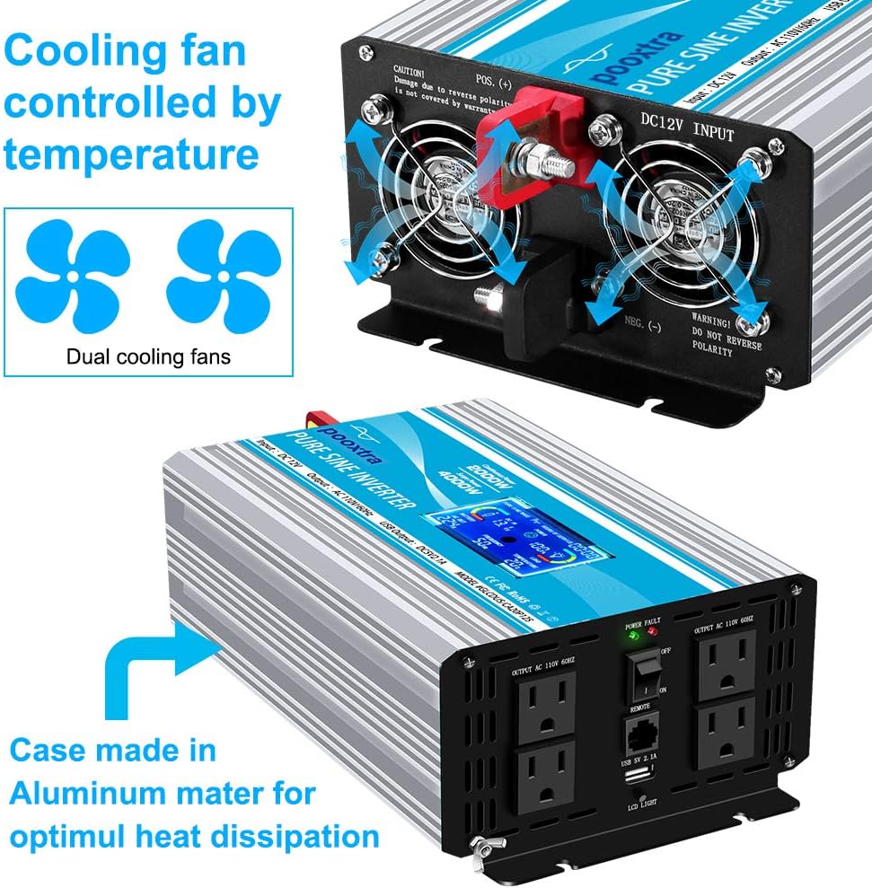 2000 Watt Pure Sine Wave Power Inverter 12V DC to 110V AC with LCD Display USB Port 4 AC Outlets E5884