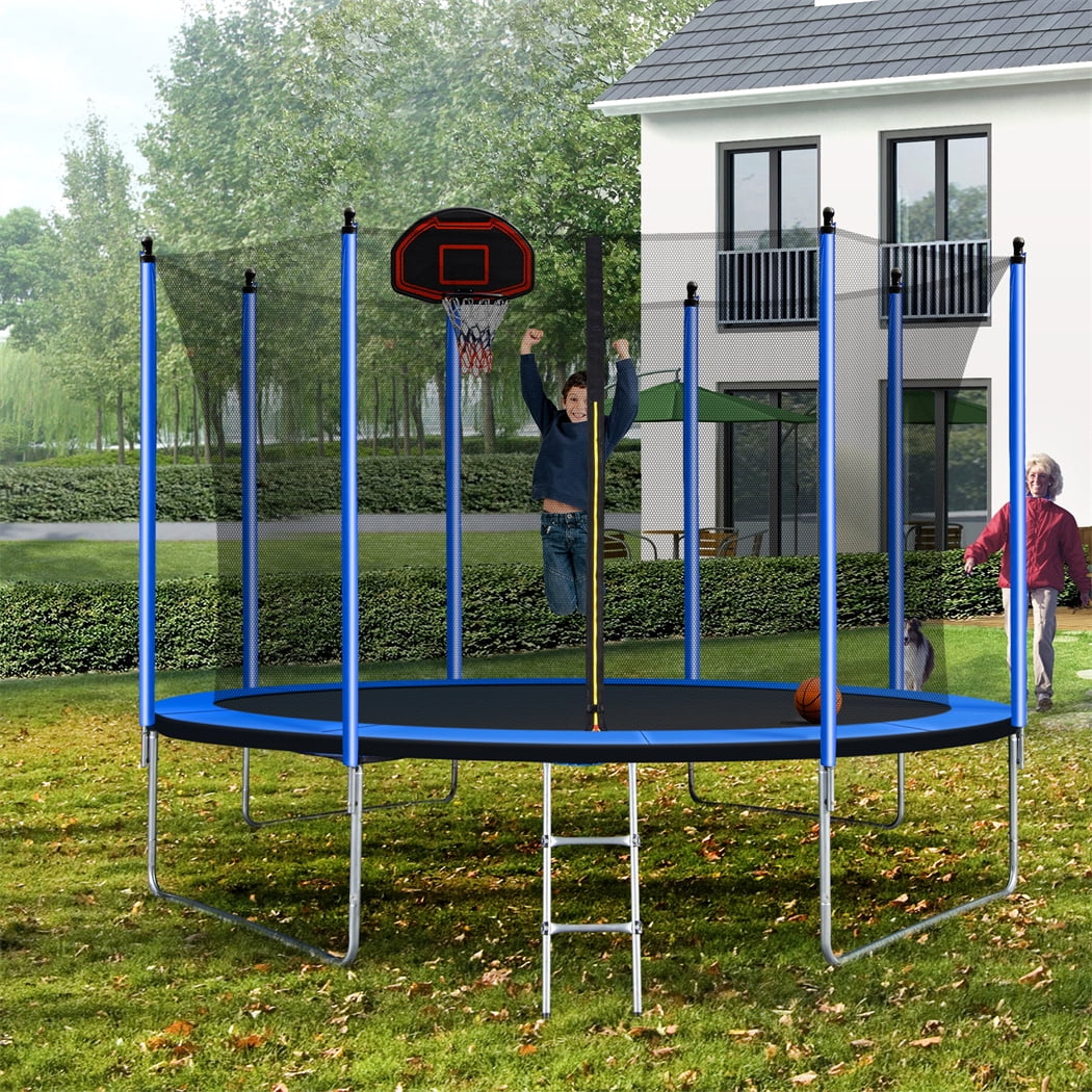 10FT Trampoline with Basketball Hoop Inflator and Ladder, Safety Enclosure Net, Blue E481102