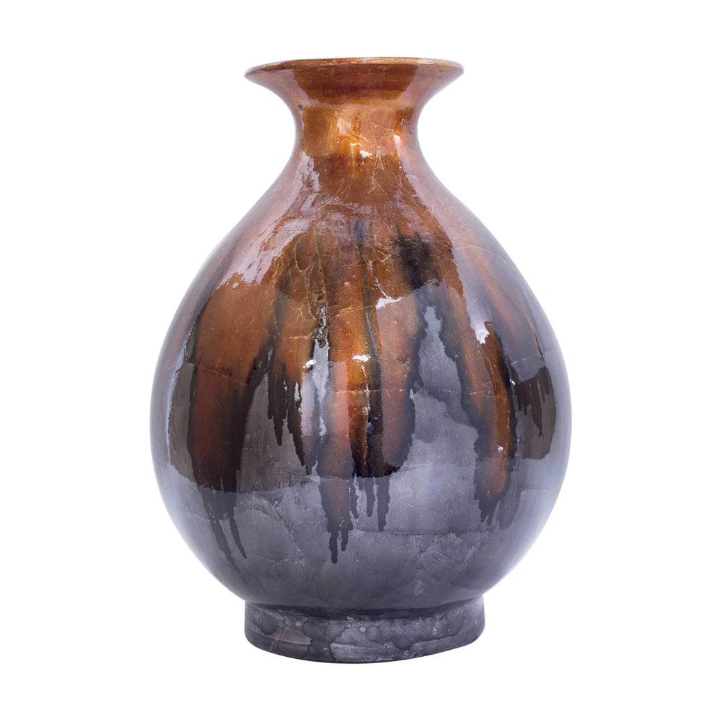 Bronze Brown Amber Gray Ceramic Round Water Jar Vase W4420