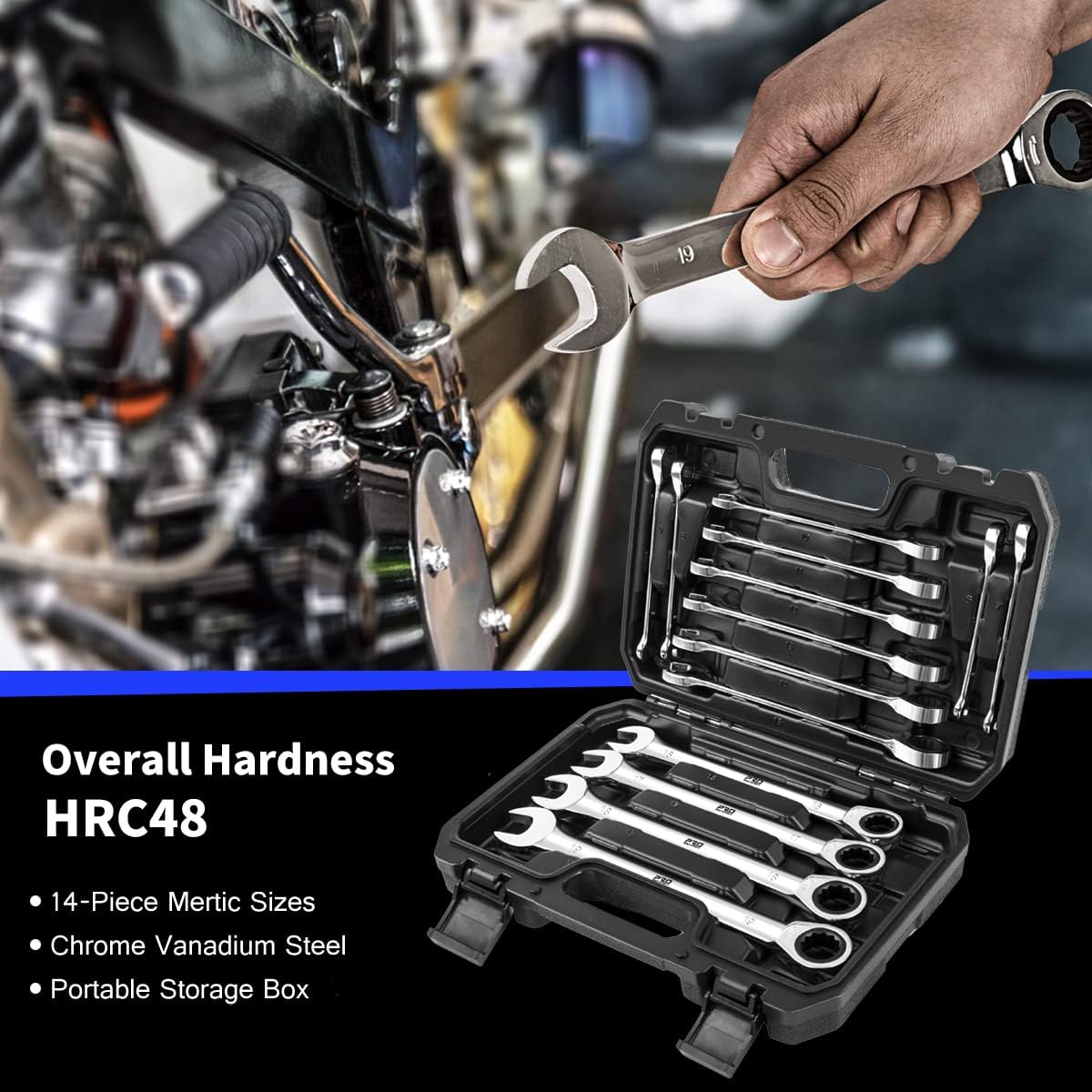 14-Piece Ratcheting Wrench Set Metric Chrome Vanadium Steel Combination Ended Spanner Kit with Storage Case S9399