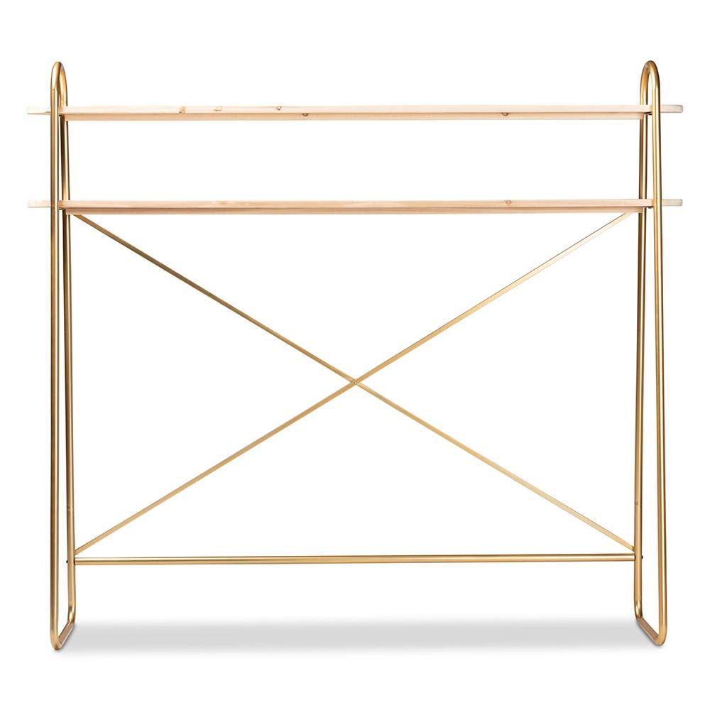 Brushed Gold Finished Metal and Natural Brown Finished Wood 2-Tier Over Bed Twin Size Storage Y70665