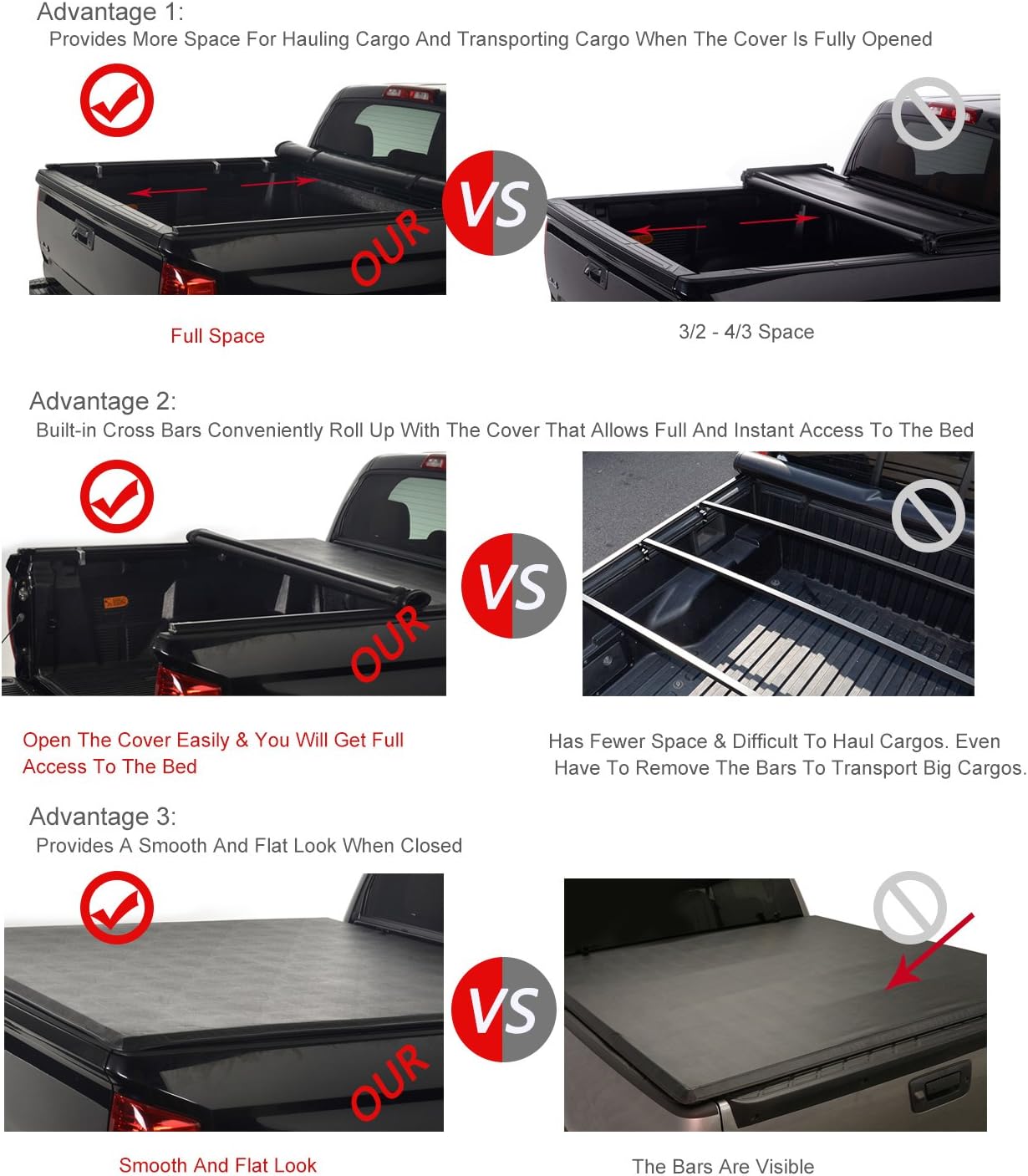 Soft Roll Up Tonneau Cover for Pickup 6.5ft Bed N2549