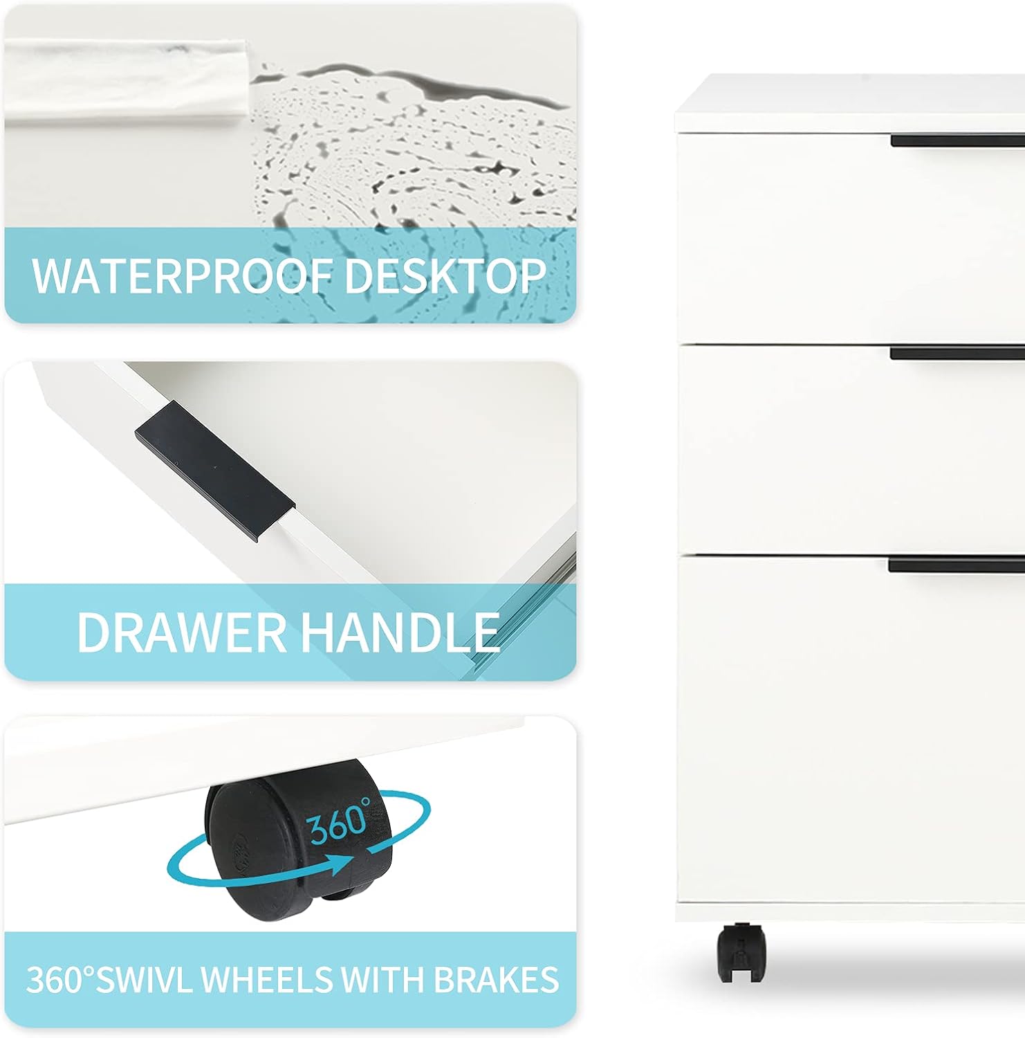 White 3 Drawer Rolling Wood File Cabinet G236507