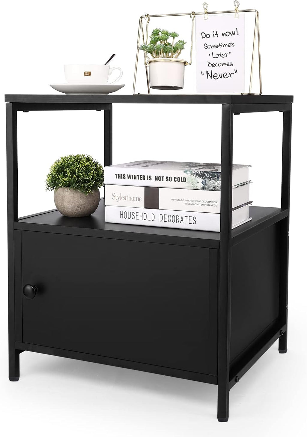 White Wooden Nightstand with Storage Cabinet and Open Shelf I5302