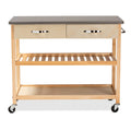 Pine Wood and Stainless Steel 2-Drawer Kitchen Island Utility Storage Cart Q111