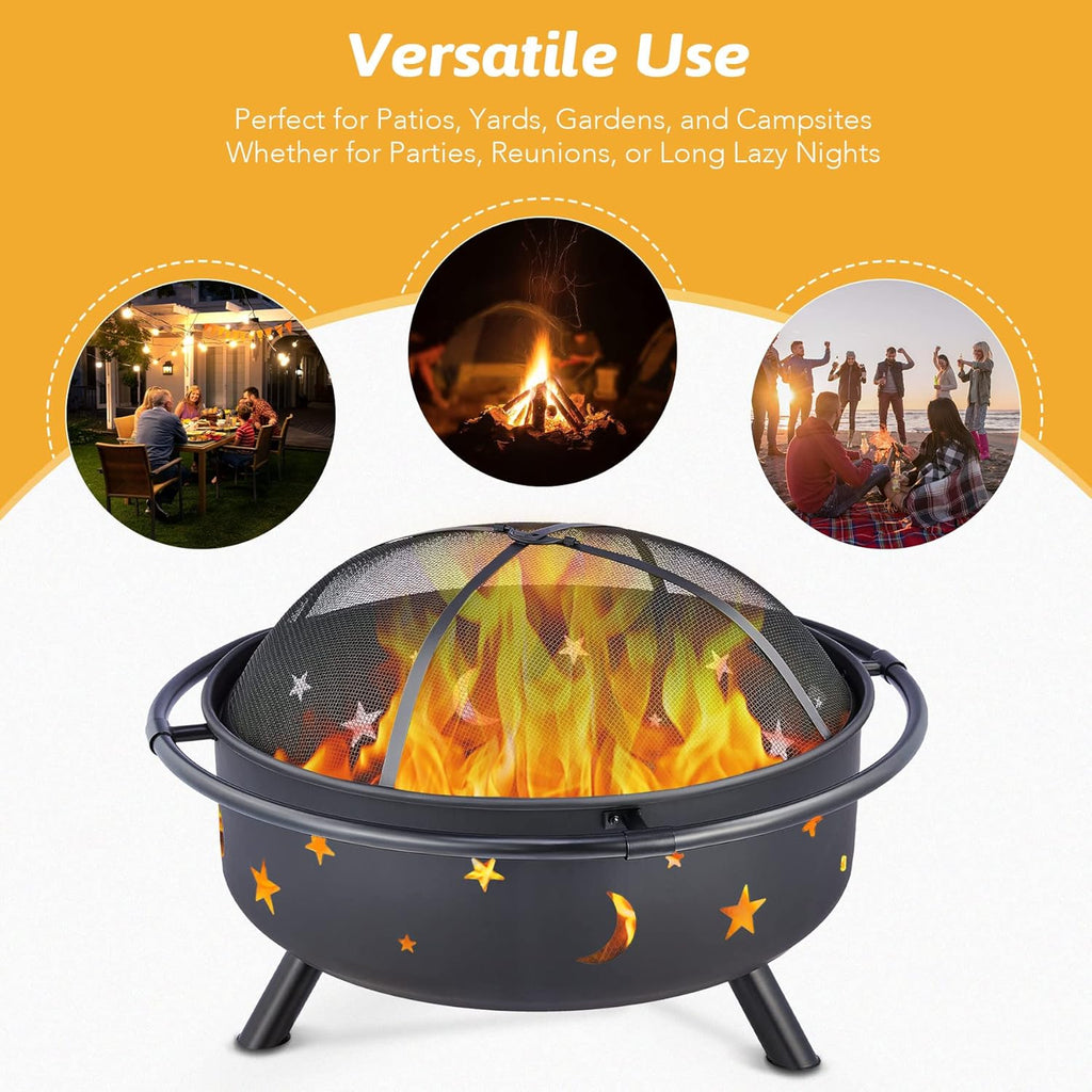 36 Inch Wood Burning Fire Pit with Spark Screen Poker Waterproof Cover Q2333