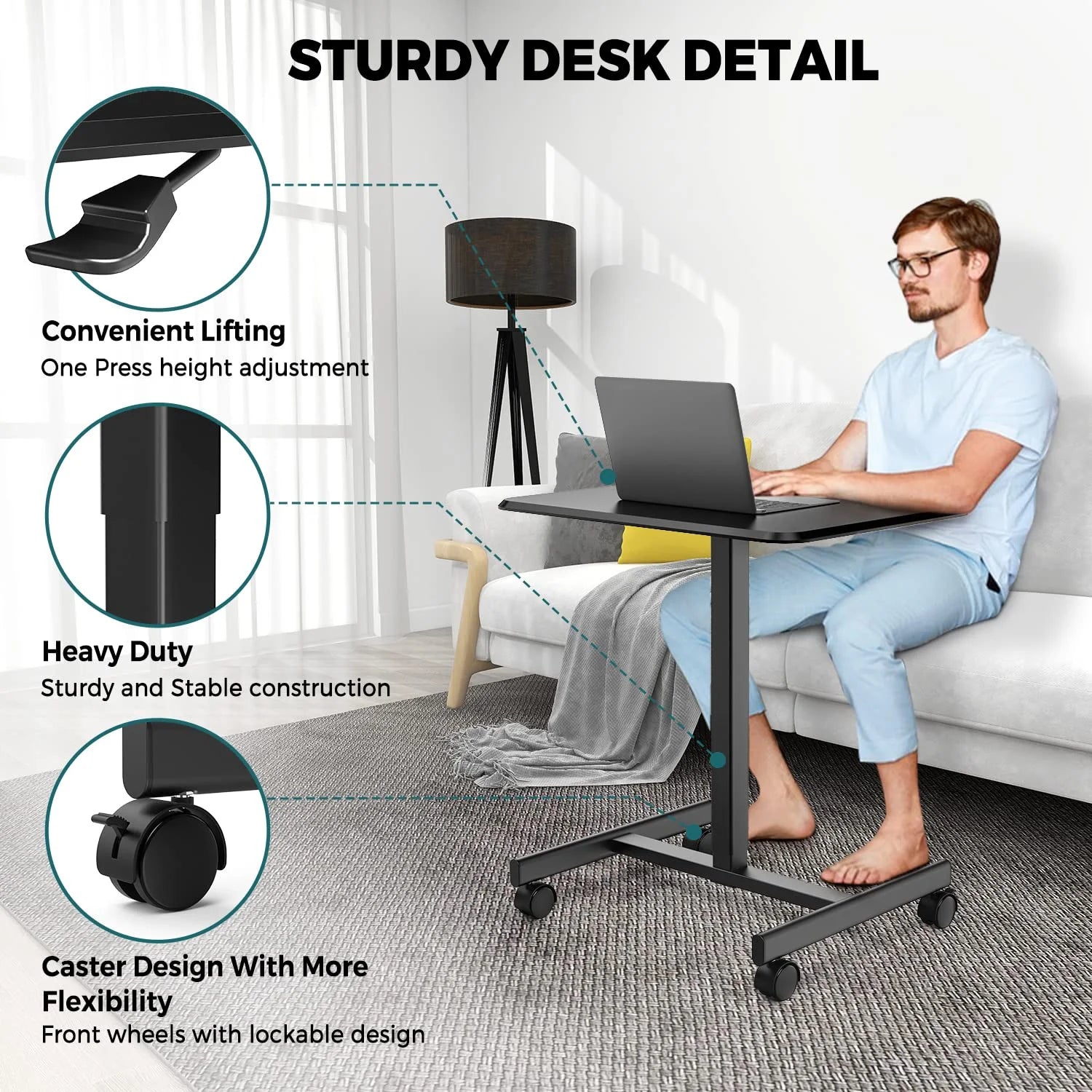 Black Height Adjustable Standing Desk with Lockable Wheels W7178