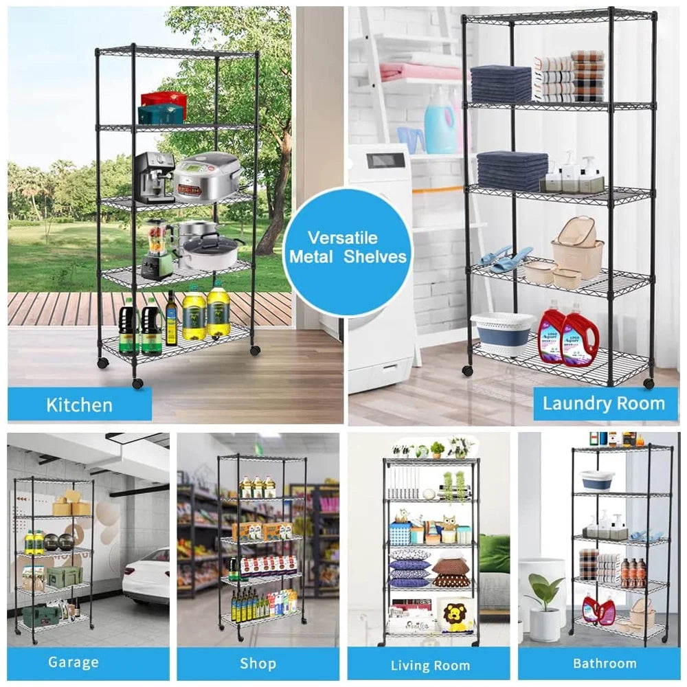 5-Tier Wire Shelving with Wheels, Heavy Duty Rolling Metal Shelves, Black E86655