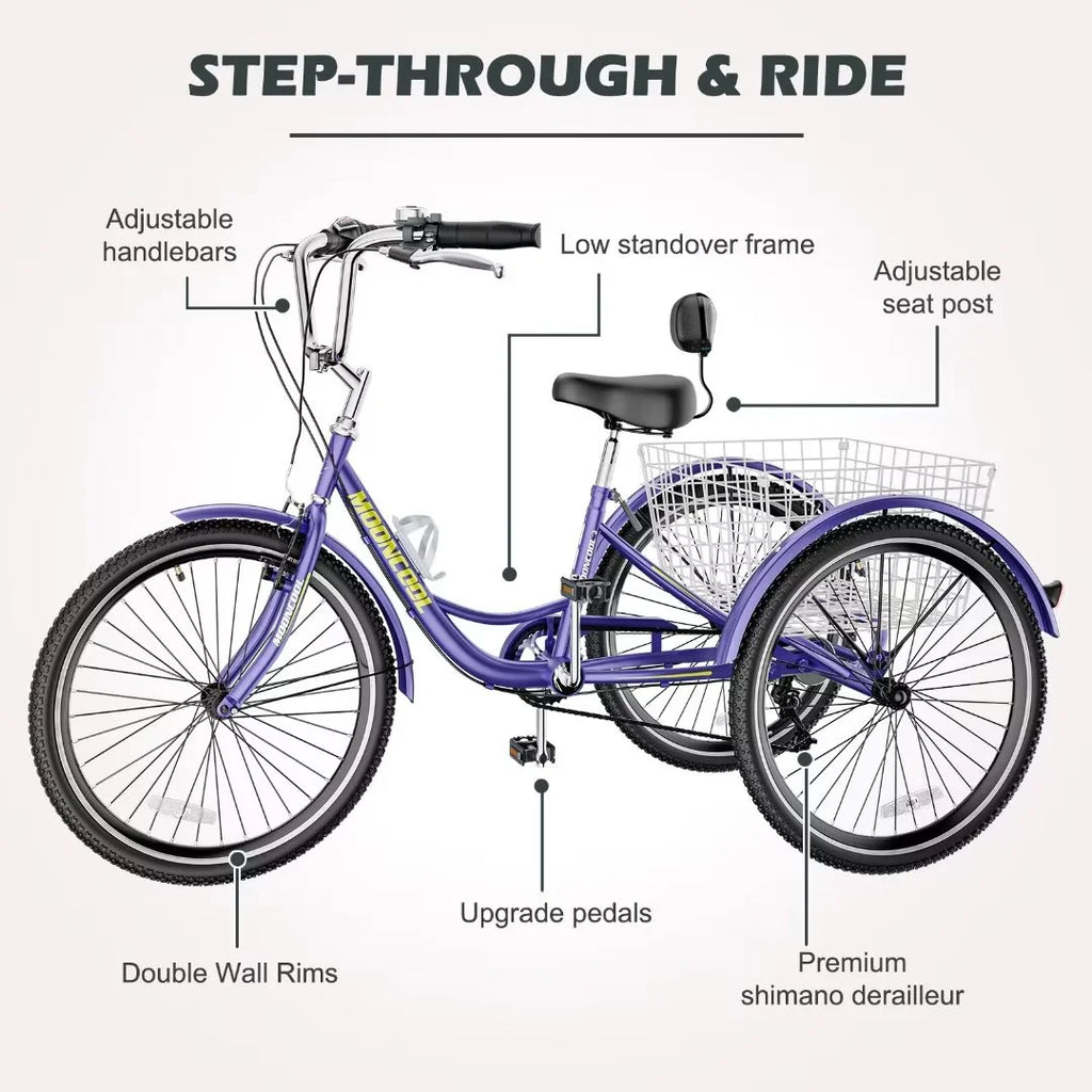 24"/26" Adult Tricycle Bike, 7 Speed 3-Wheel Bicycle, with Backrest & Shopping Basket Q94165