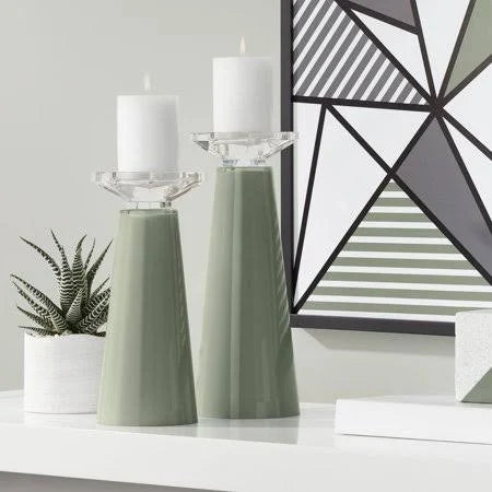 Deep Lichen Green Glass Pillar Candle Holder Set of 2 I7334