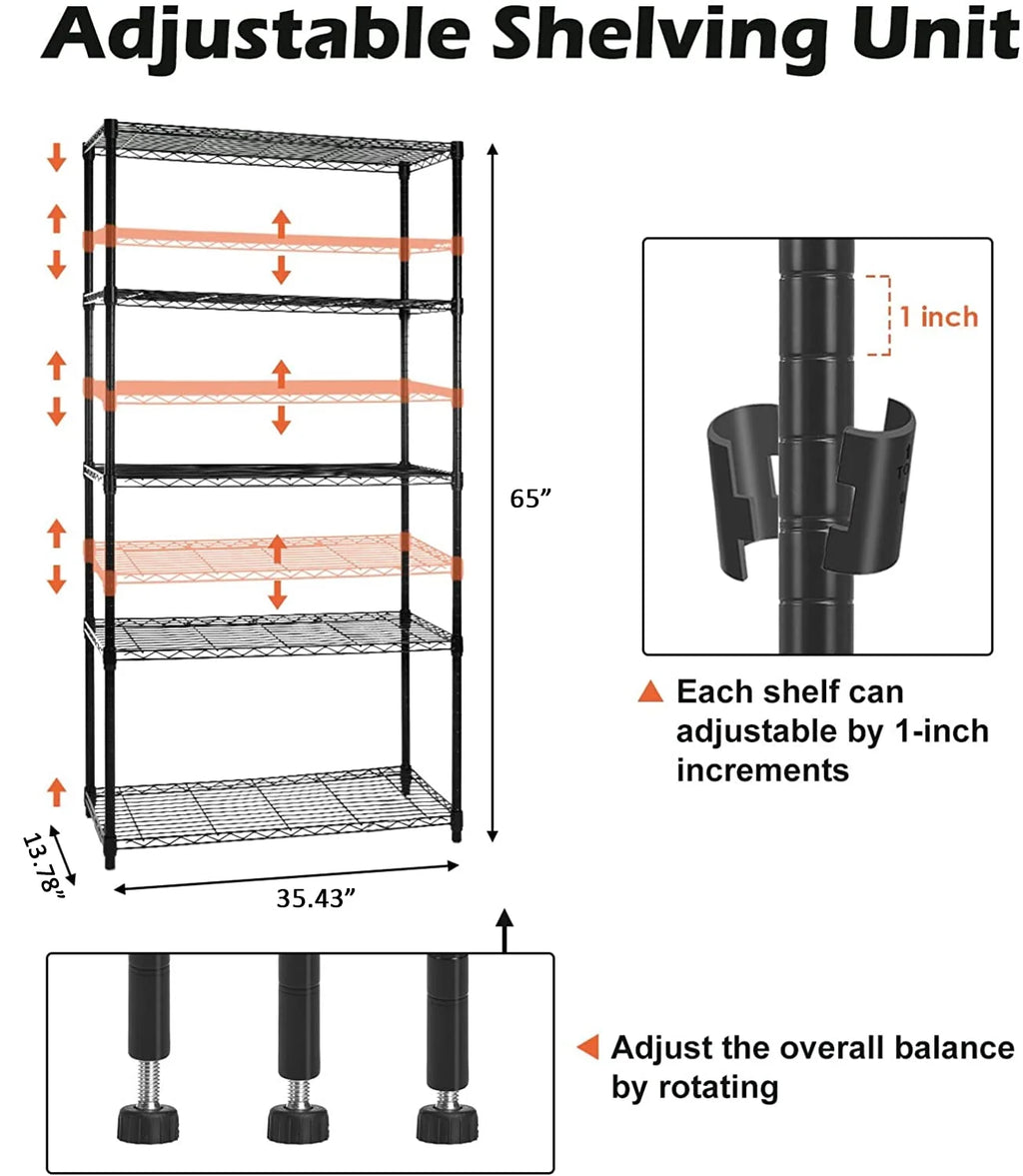 5-Tier Wire Shelving with Wheels, Heavy Duty Rolling Metal Shelves, Black E86655