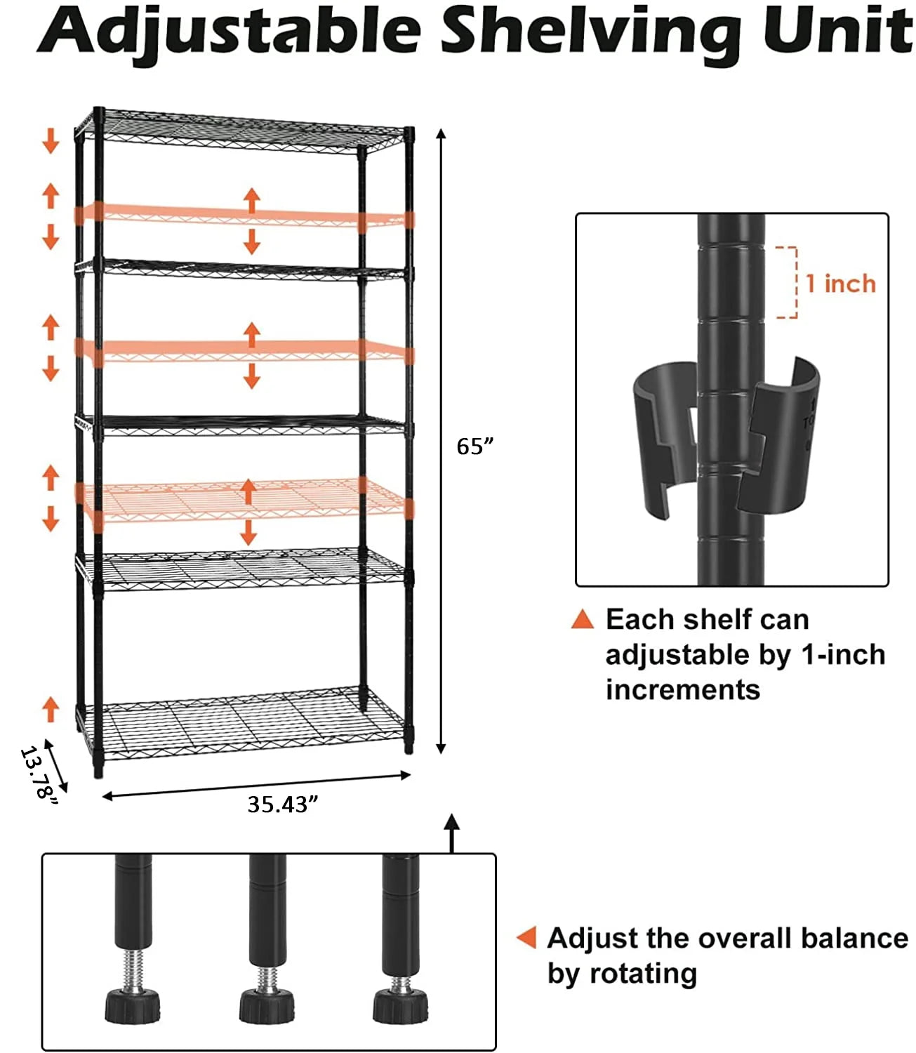 5-Tier Wire Shelving with Wheels, Heavy Duty Rolling Metal Shelves, Black E86655
