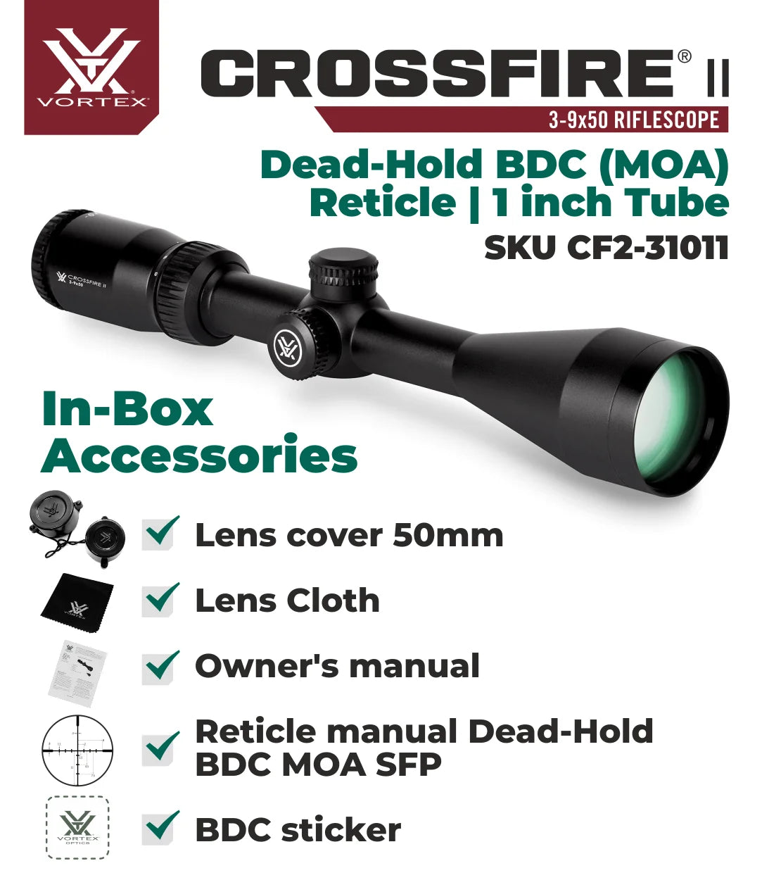 3-9x50 Dead-Hold BDC (MOA) Reticle, 1 inch Tube M68472