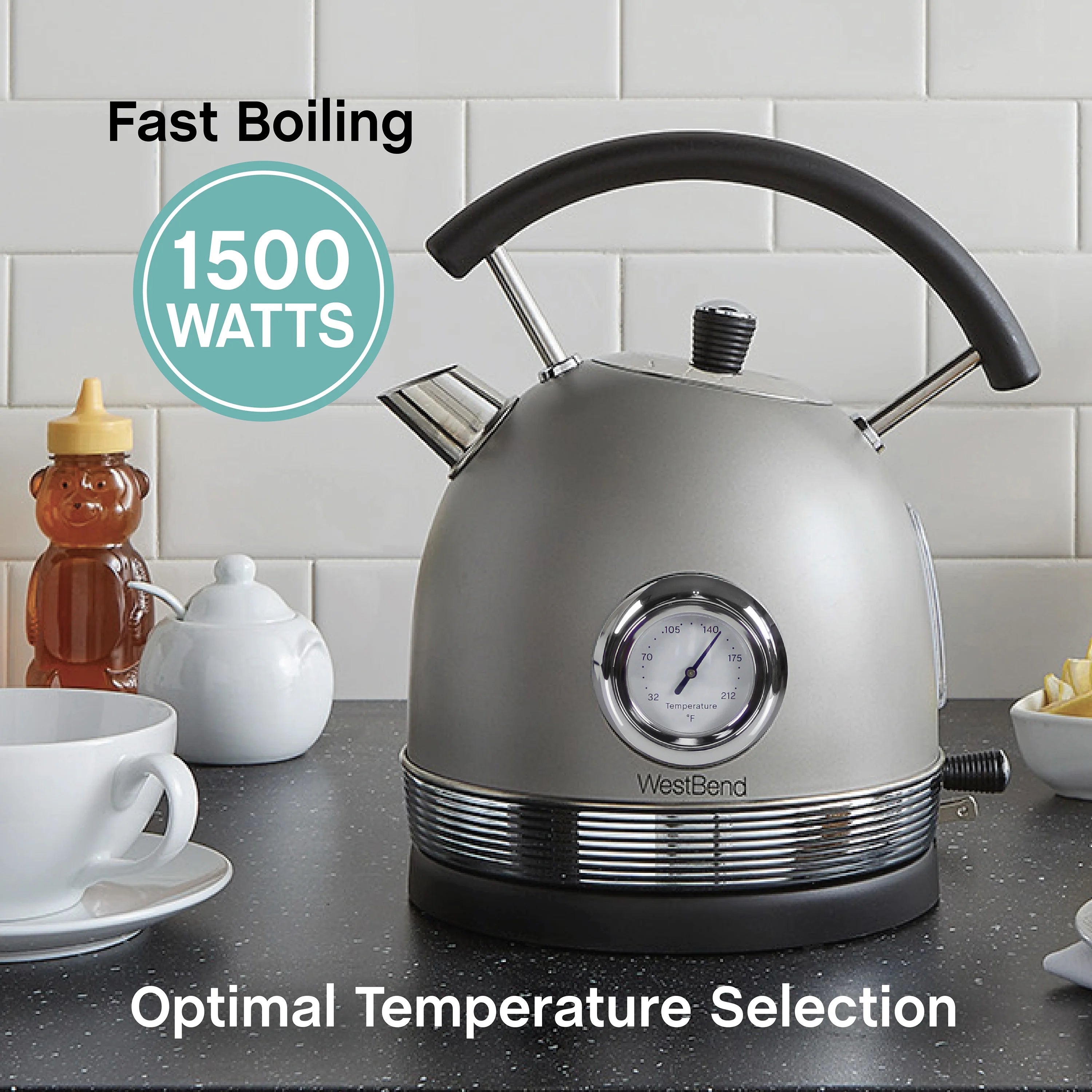 Retro-Style Electric Kettle, 1.7 Liter, 1500W, Gray F55938