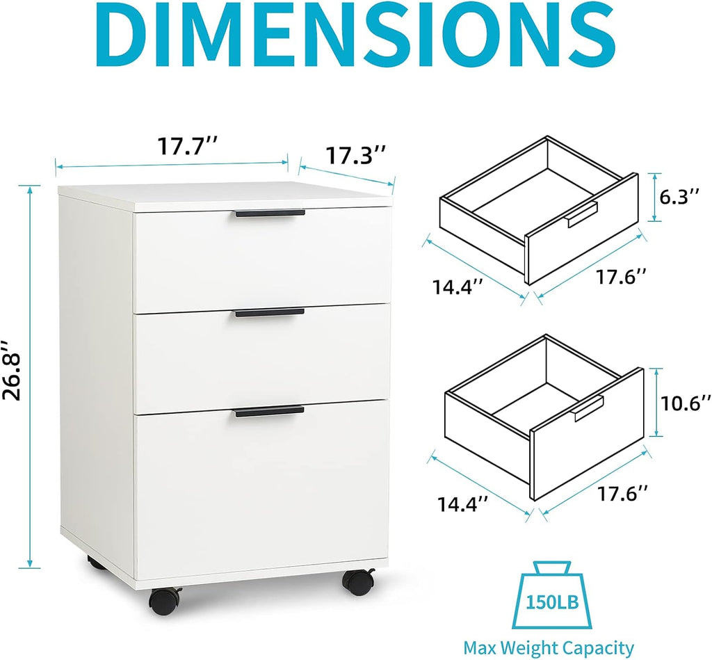 White 3 Drawer Rolling Wood File Cabinet G236507