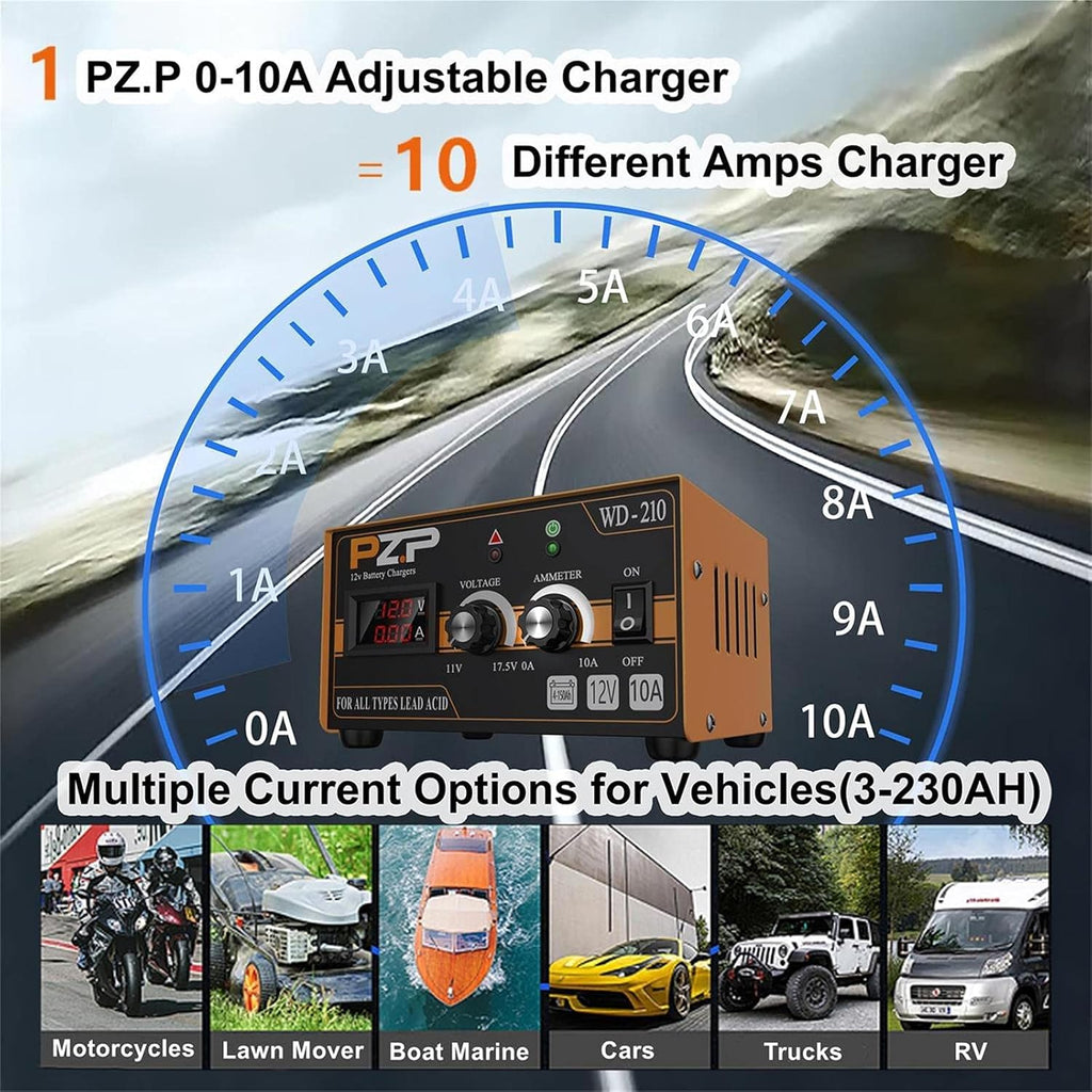 12V 0-10A Automatic Battery Charger and Maintainer with SAE Adapters, Battery Clamps and O-Ring Connectors Q343808