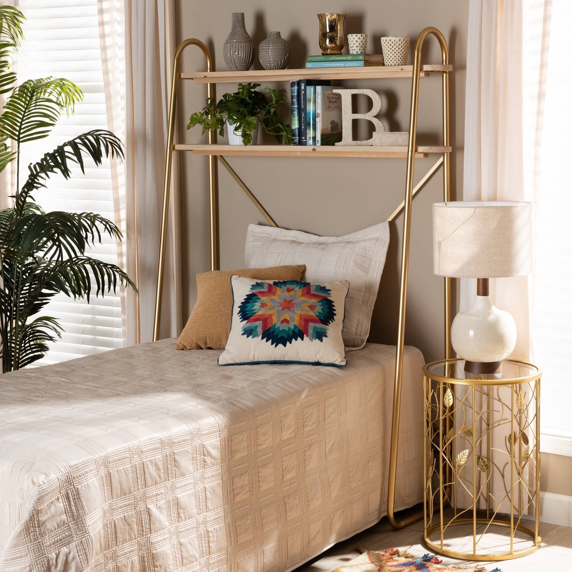 Brushed Gold Finished Metal and Natural Brown Finished Wood 2-Tier Over Bed Twin Size Storage Y70665