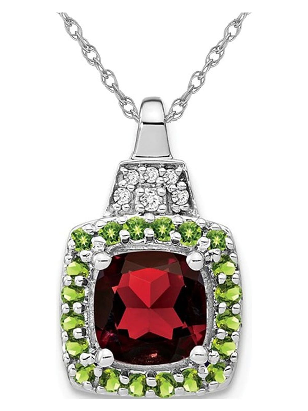 14K White Gold Garnet and Peridot Pendant Necklace with Chain J48674