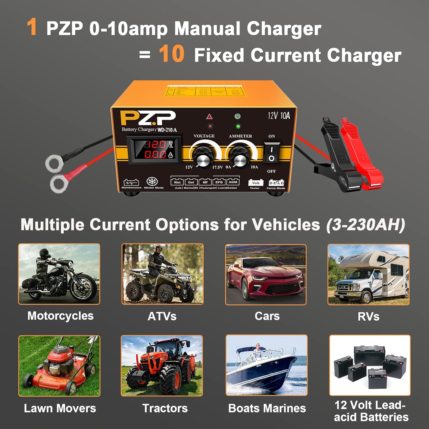 12V 0-10A Automatic Battery Charger and Maintainer with SAE Adapters, Battery Clamps and O-Ring Connectors Q343808