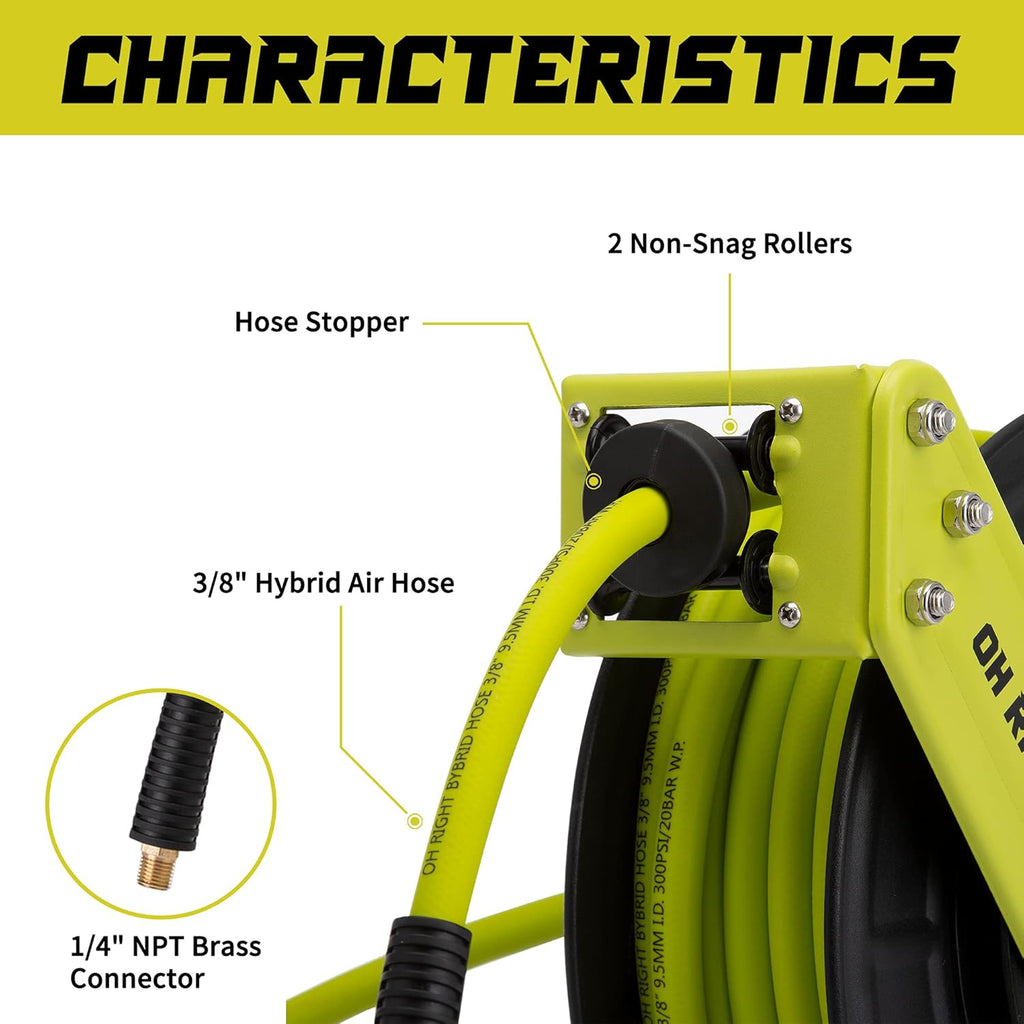 Retractable Air Hose Reel 3/8" 50ft+3ft, Hybrid Air Hose 300 PSI D2891