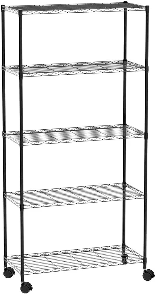 5-Tier Wire Shelving with Wheels, Heavy Duty Rolling Metal Shelves, Black E86655