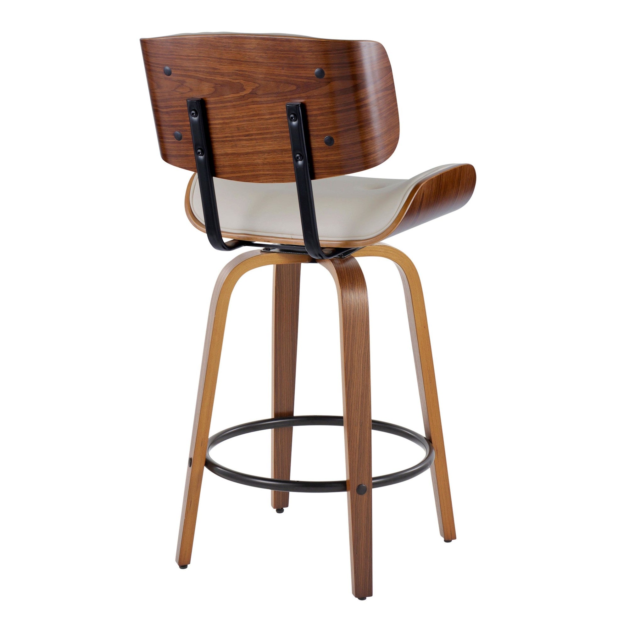26" Mid-Century Modern Counter Stool with Swivel in Walnut Wood and Cream Faux Leather with Round Black Metal Footrest - Set of 2 W318006