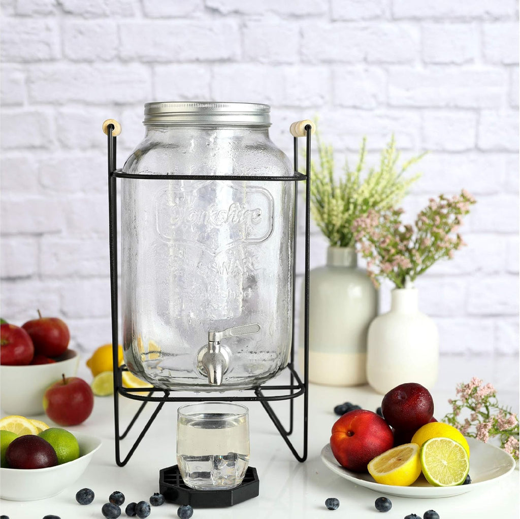 2 Gallon Glass Beverage Dispenser with Metal Wire Stand, Stainless Steel Spigot, Pack of 2 D572062