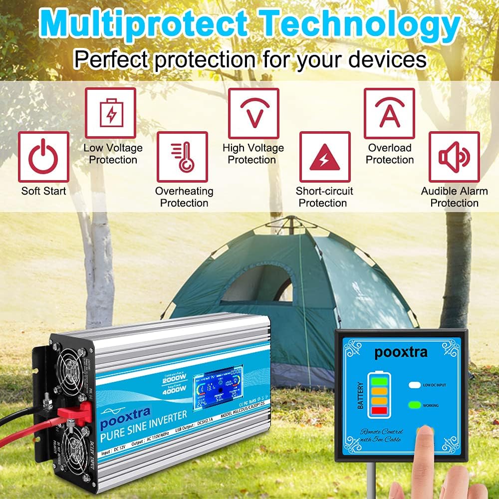 2000 Watt Pure Sine Wave Power Inverter 12V DC to 110V AC with LCD Display USB Port 4 AC Outlets E5884