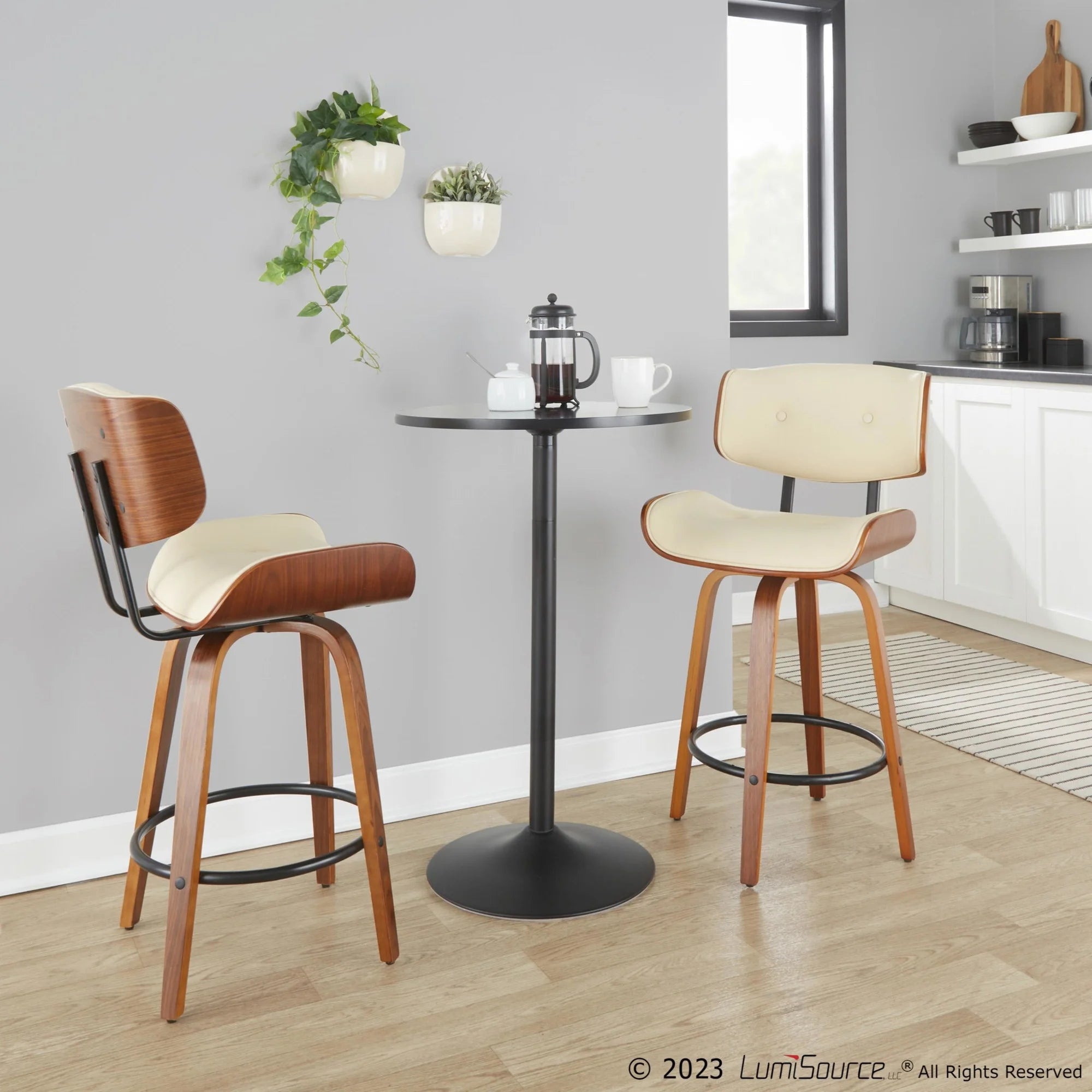 26" Mid-Century Modern Counter Stool with Swivel in Walnut Wood and Cream Faux Leather with Round Black Metal Footrest - Set of 2 W318006