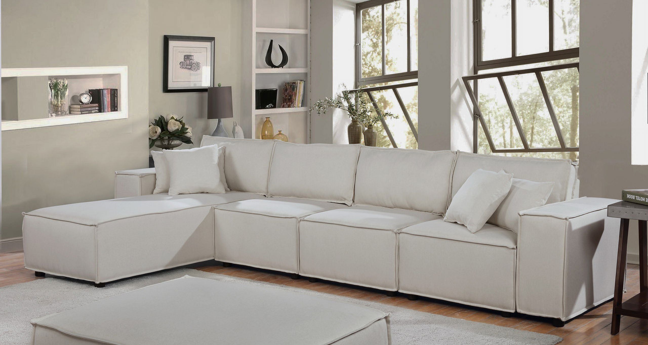 Cream Beige Linen Sofa with Reversible Chaise T80699