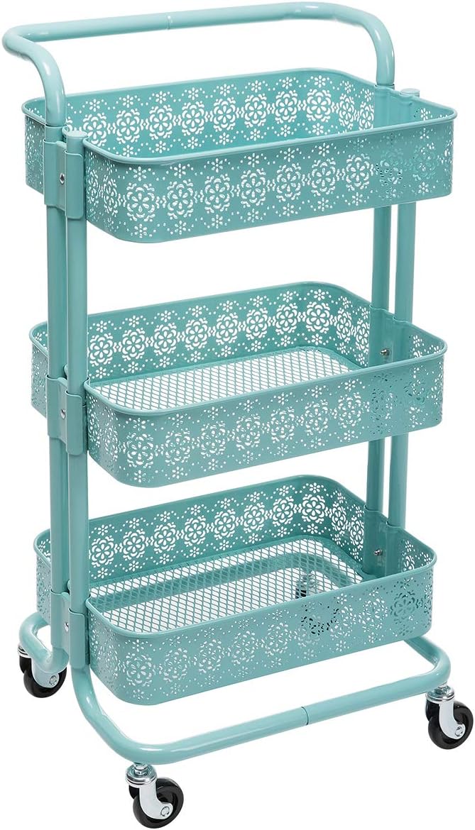 White 3-Tier Mesh Metal Utility Cart with Handle Z856