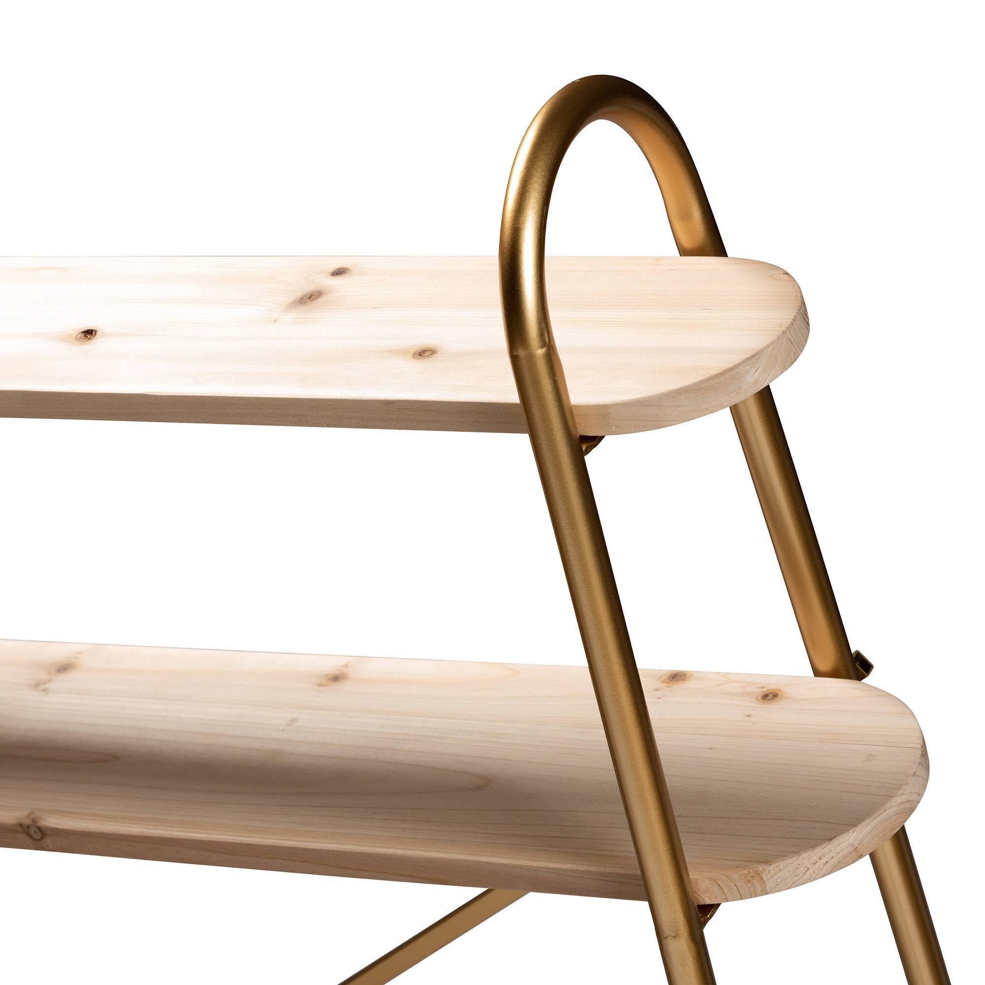 Brushed Gold Finished Metal and Natural Brown Finished Wood 2-Tier Over Bed Twin Size Storage Y70665