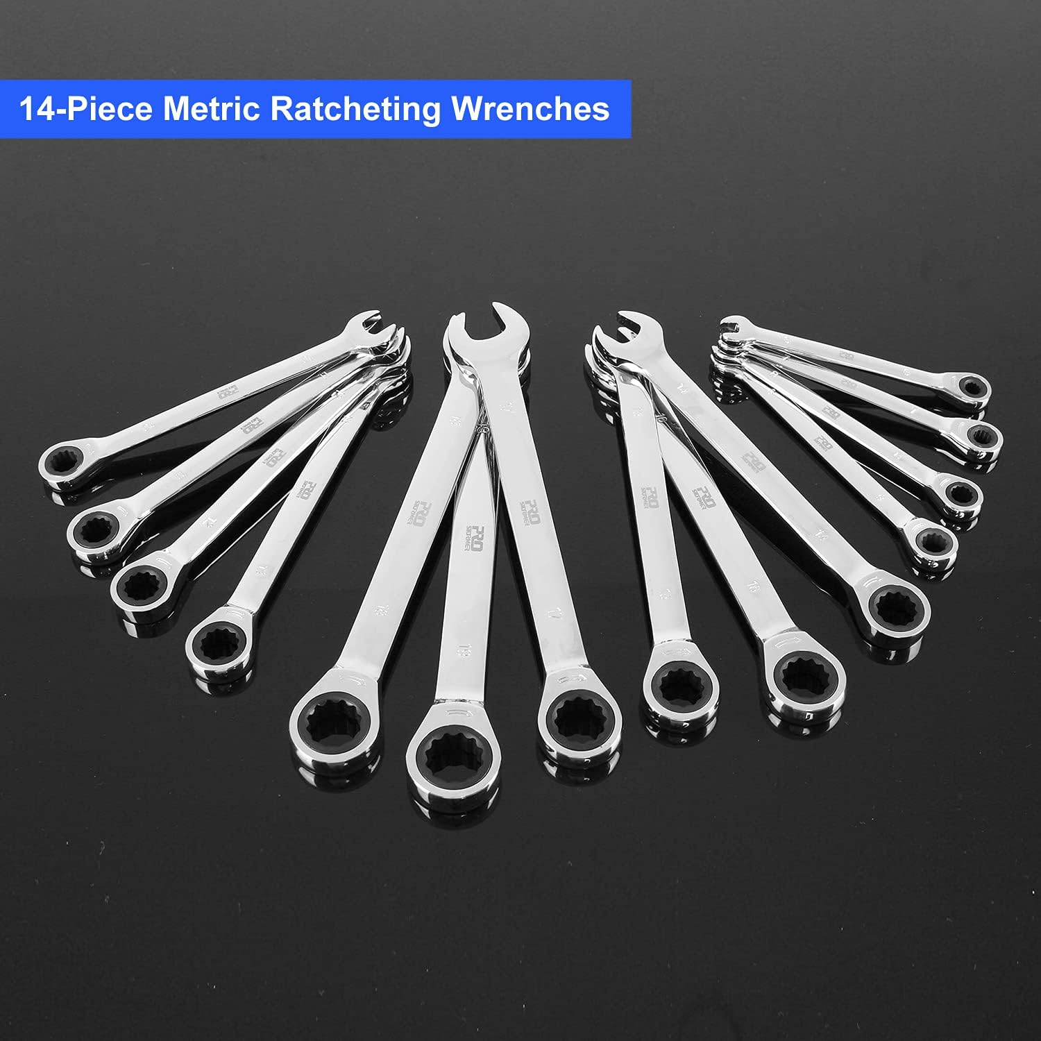 14-Piece Ratcheting Wrench Set Metric Chrome Vanadium Steel Combination Ended Spanner Kit with Storage Case S9399