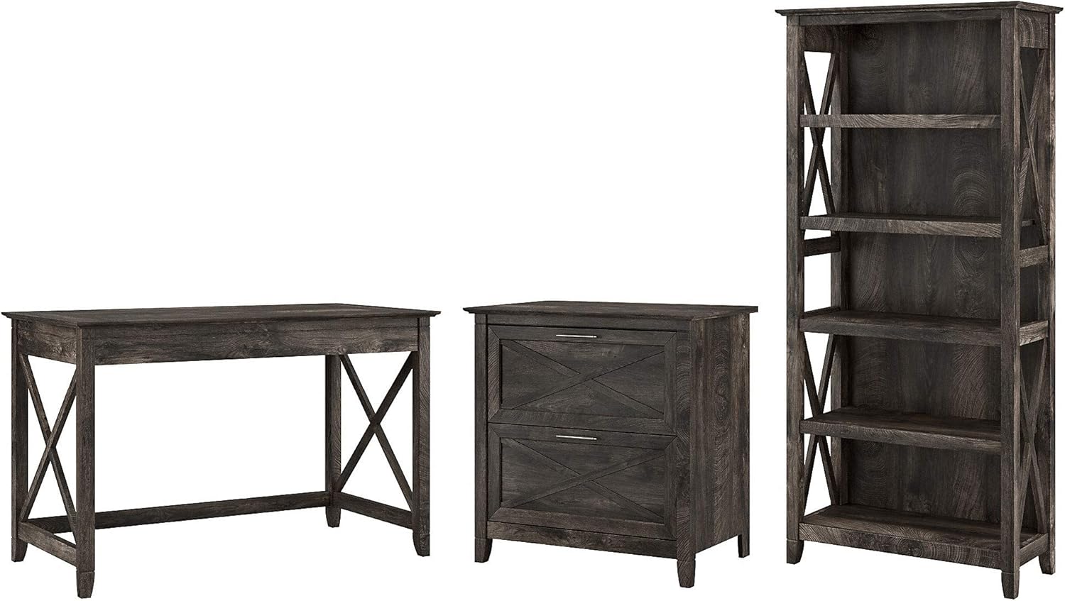Dark Gray Hickory Writing Desk with 2 Drawer Lateral File Cabinet and 5 Shelf Bookcase O4078