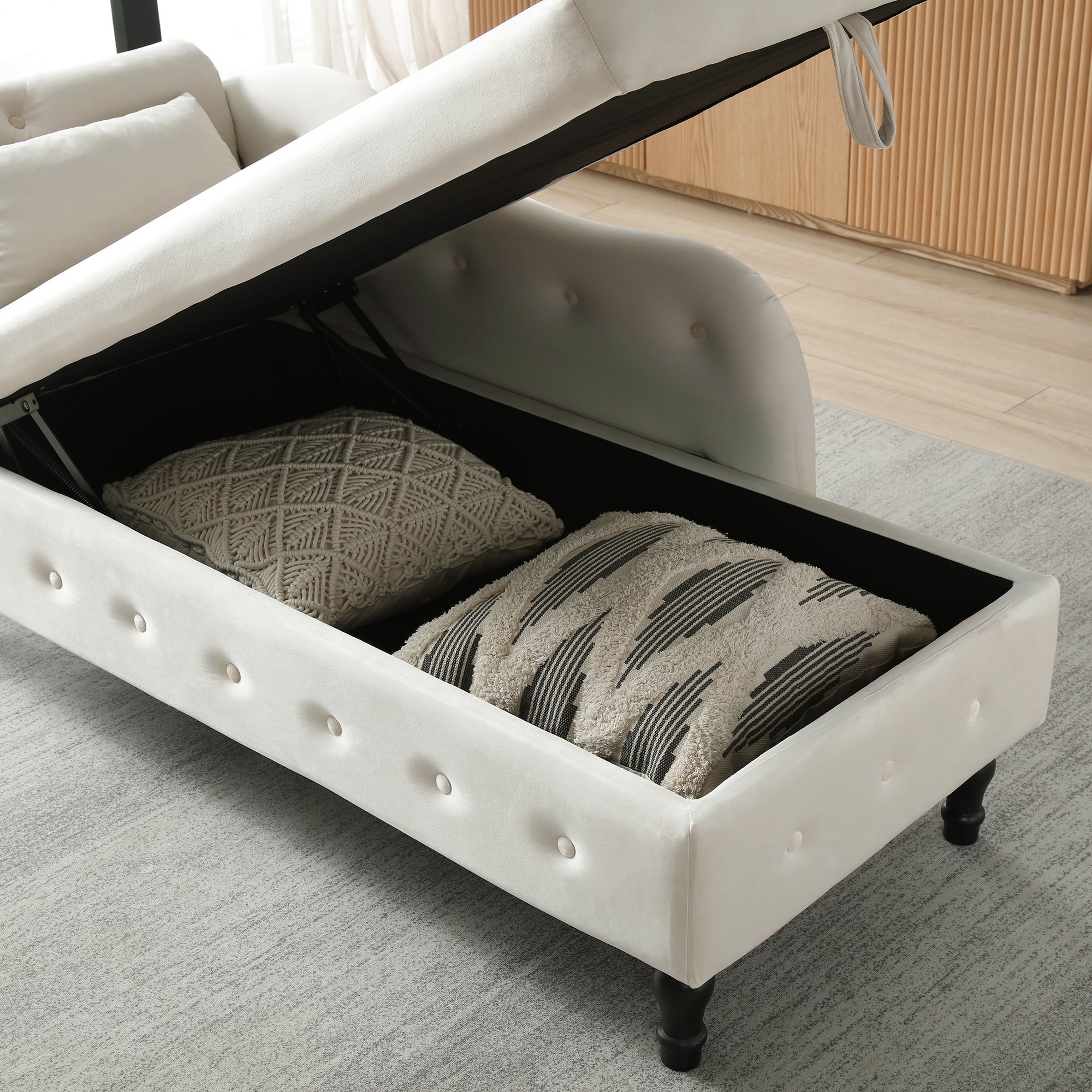 Beige Velvet Storage Chaise Lounge with 1 Pillow U8253