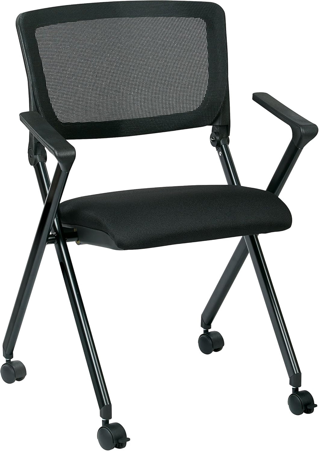 Black Mesh Back Folding Nesting Chair with Padded Fabric Seat and Casters, 2-Pack D3498