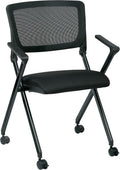 Black Mesh Back Folding Nesting Chair with Padded Fabric Seat and Casters, 2-Pack D3498