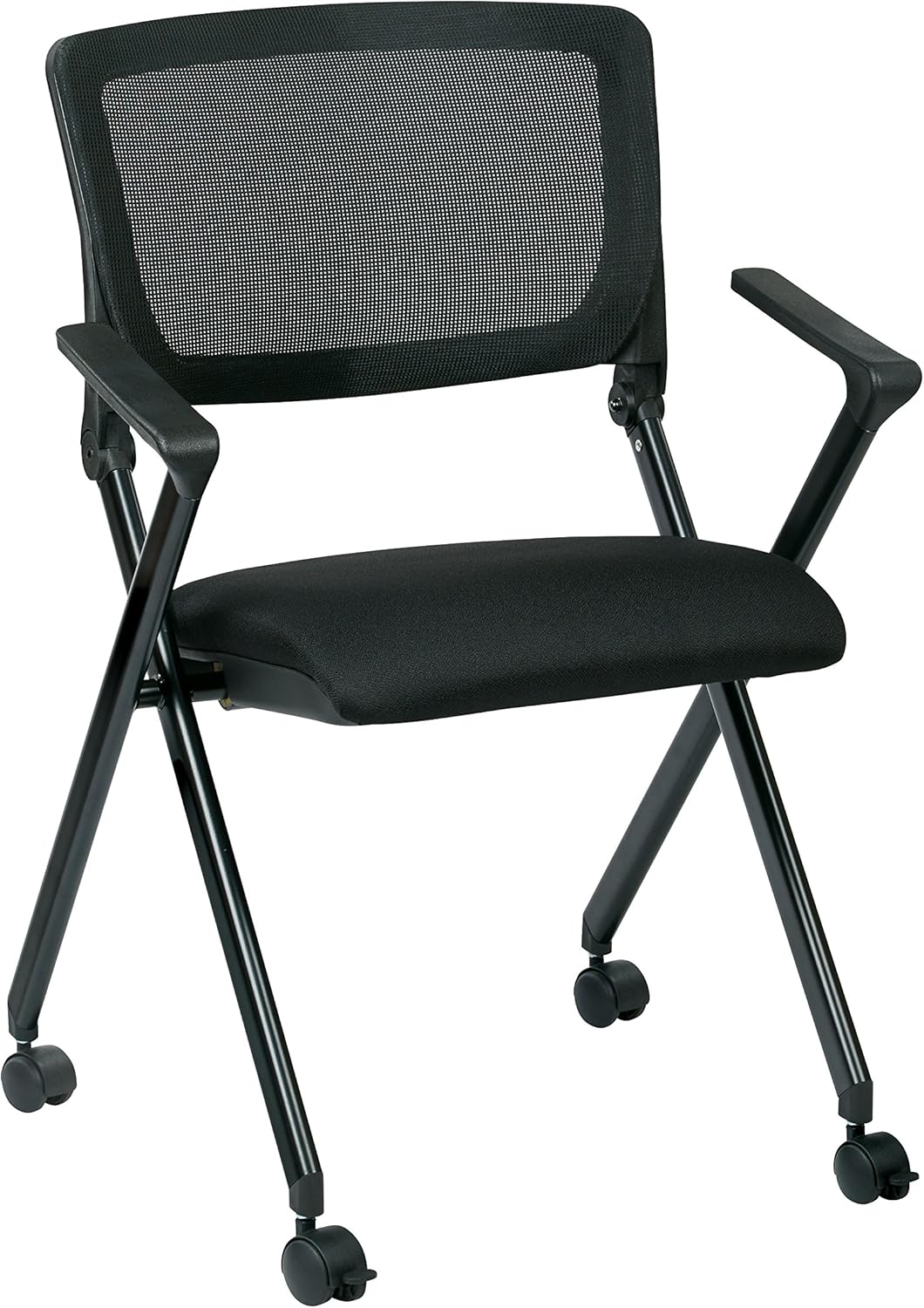 Black Mesh Back Folding Nesting Chair with Padded Fabric Seat and Casters, 2-Pack D3498