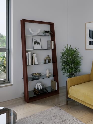 Charcoal Stained Ash Leaning Shelf with 5 Polished Tempered Glass Shelves B8380