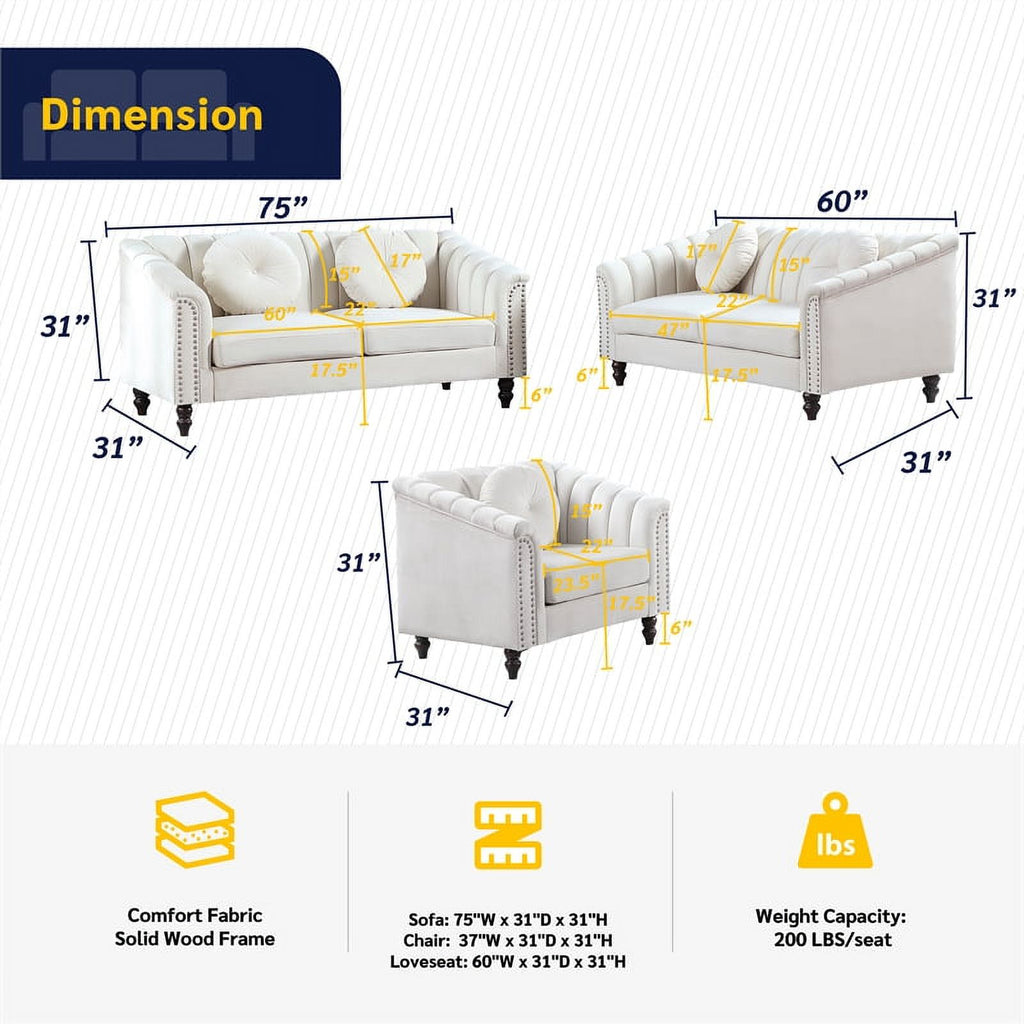 3 Piece Velvet Sofa Loveseat and Chair Set F490
