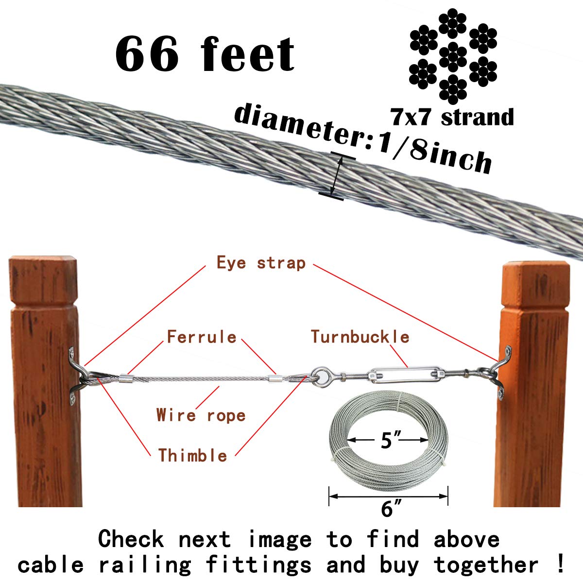 Galvanized Steel Wire Rope 65Feet 1/8 7x7 Strand Q23554
