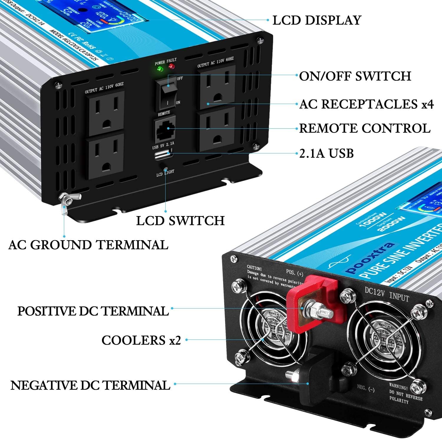 2000 Watt Pure Sine Wave Power Inverter 12V DC to 110V AC with LCD Display USB Port 4 AC Outlets E5884