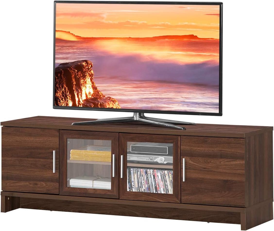 Walnut TV Stand with Glass Doors and Adjustable Shelf H17362